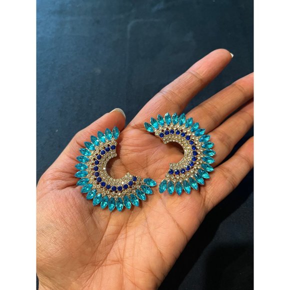 Aquamarine earrings large rhinestone crystal stud blue large aqua big earring - Picture 3 of 8